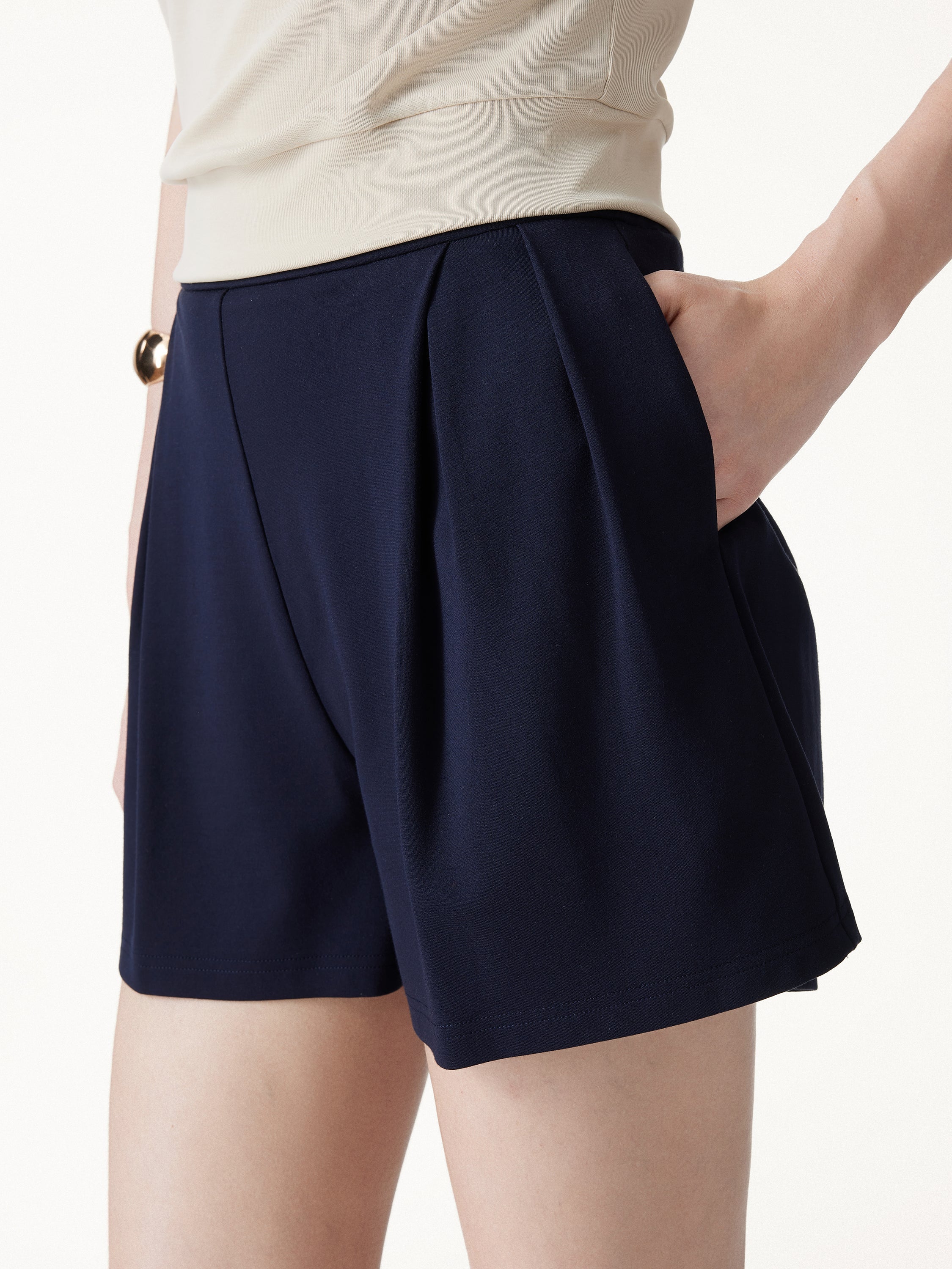 Stretch Ponte Pleated Wide Leg Shorts