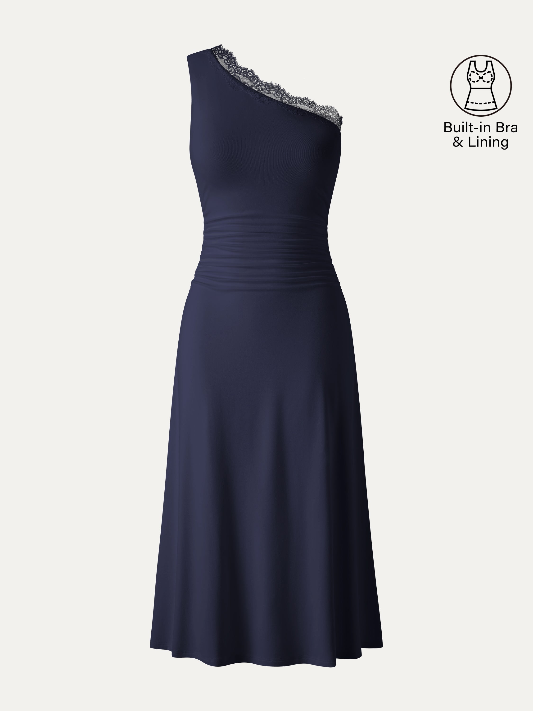 Lace Trim One Shoulder Ruched Bra Dress