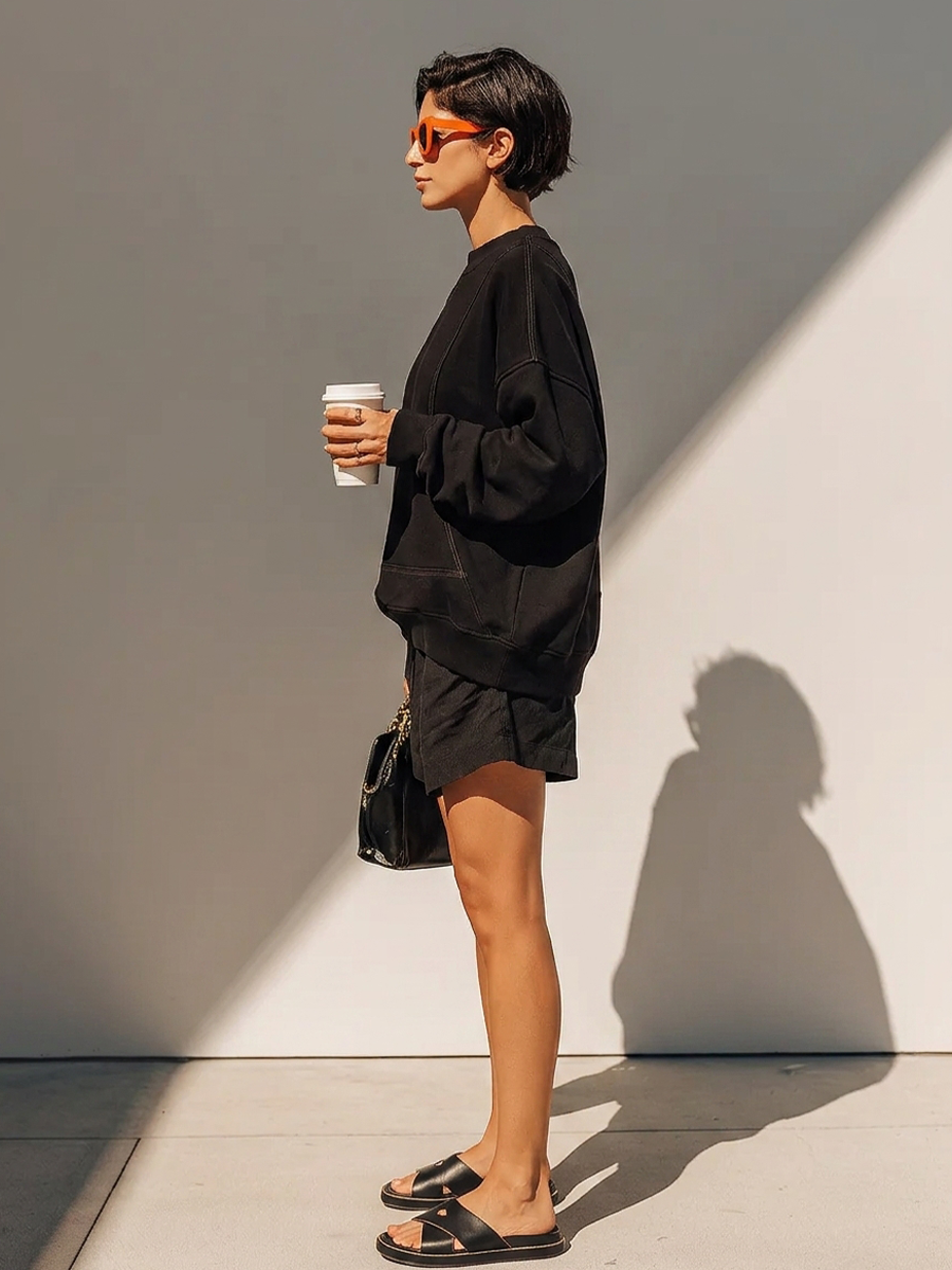 Women's Solid Black Cotton Fabric Co-Ord With Long Sleeve Loose Sweat Top & Relaxed Fit Casual Shorts, Modern Effortless-Chic Daily Athleisure Outfit MDZ2630F7LYL