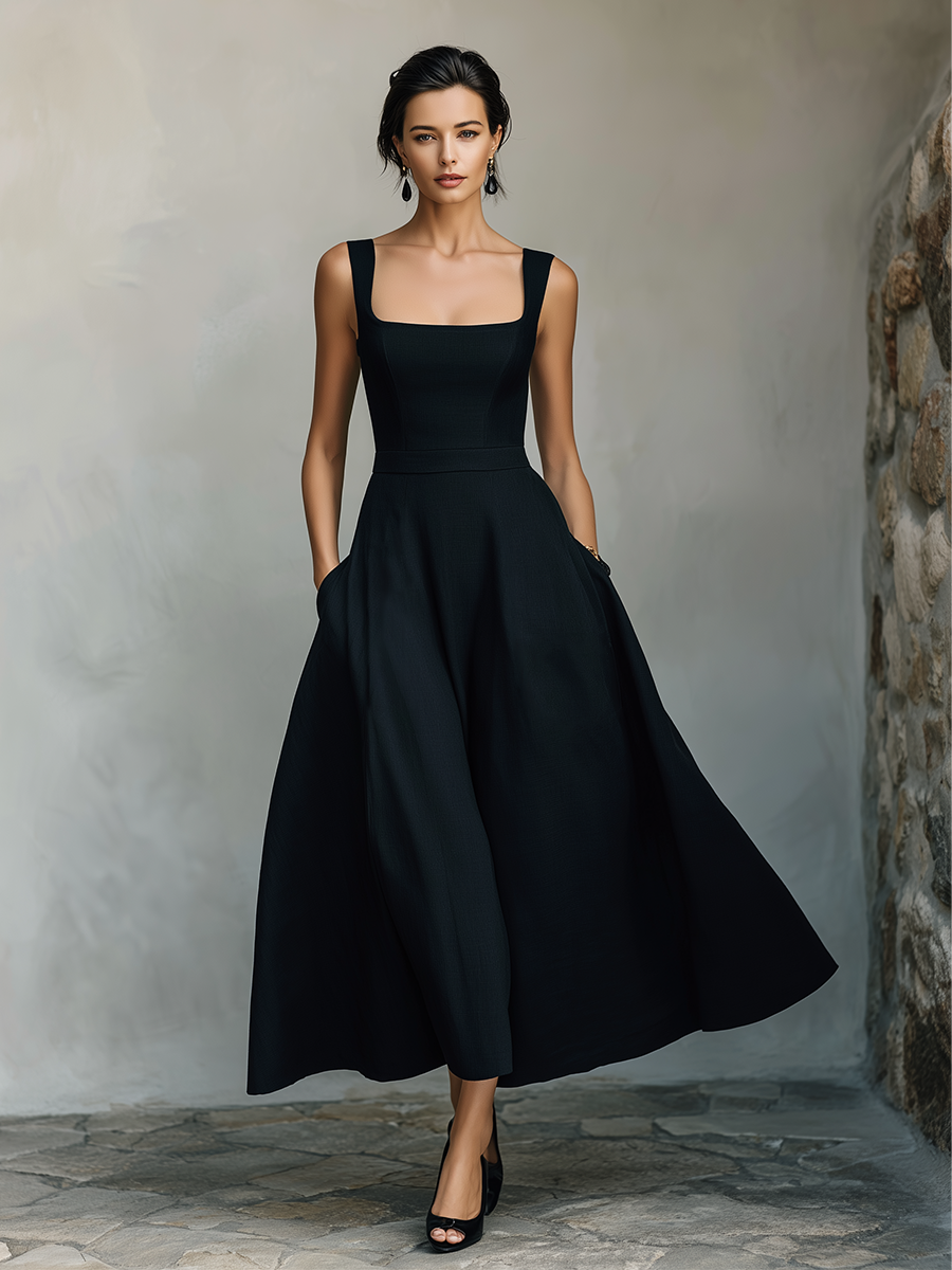 Women's Black Cotton-Blend Maxi Dress With Wide Square Neck Thick Straps & Side Patch Pockets, Minimalist Elegant Formal Swing Dress MDZ2269F2LYL