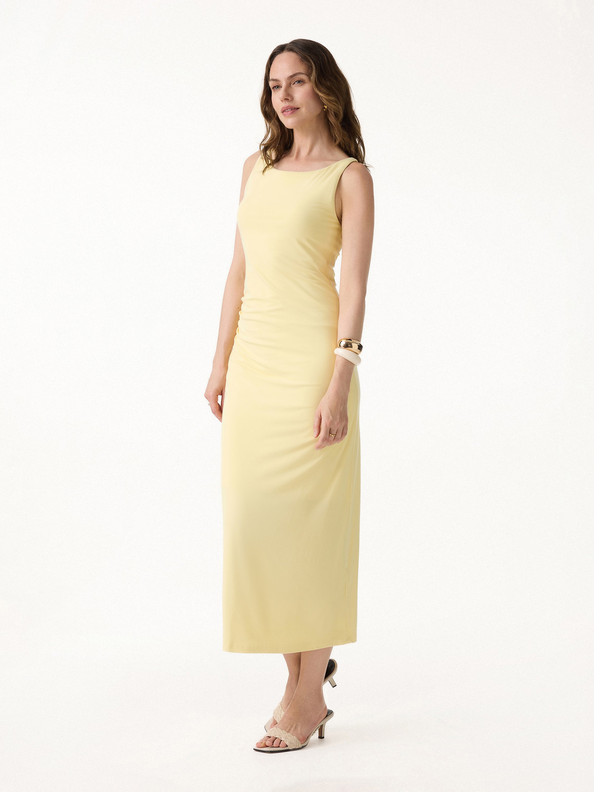 Matte Smooth Boatneck Ruched Midi Bra Dress