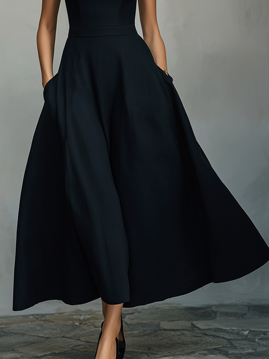 Women's Black Cotton-Blend Maxi Dress With Wide Square Neck Thick Straps & Side Patch Pockets, Minimalist Elegant Formal Swing Dress MDZ2269F2LYL
