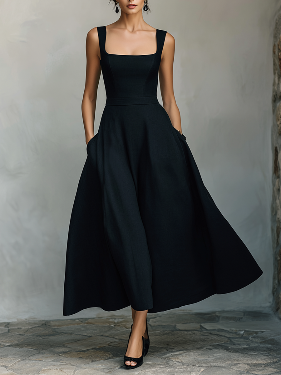 Women's Black Cotton-Blend Maxi Dress With Wide Square Neck Thick Straps & Side Patch Pockets, Minimalist Elegant Formal Swing Dress MDZ2269F2LYL