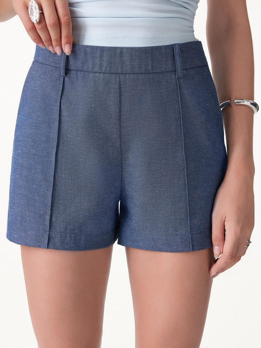 Linen-Like Mid Rise Pintuck Shorts with Pockets
