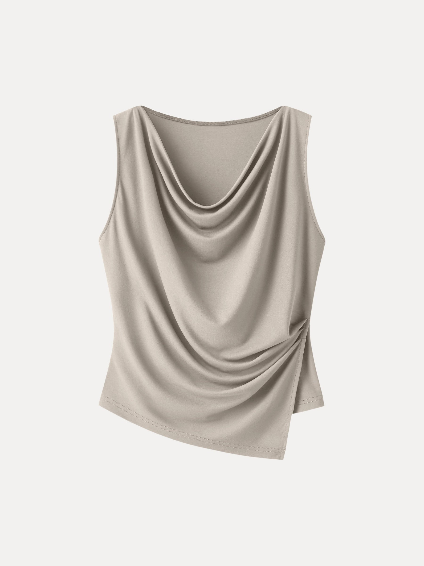 Cowl Neck Asymmetrical Tucked Sleeveless Top