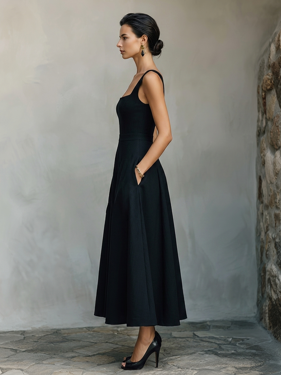 Women's Black Cotton-Blend Maxi Dress With Wide Square Neck Thick Straps & Side Patch Pockets, Minimalist Elegant Formal Swing Dress MDZ2269F2LYL