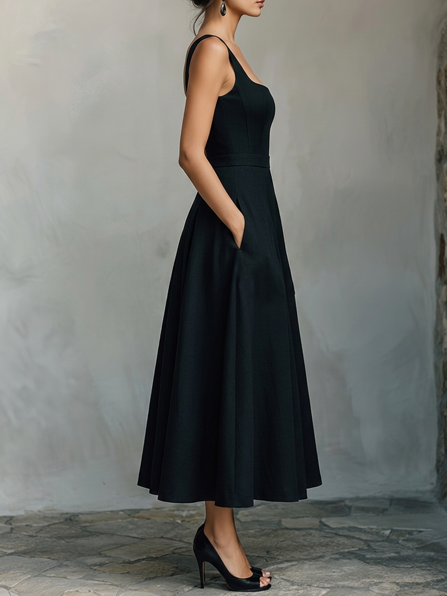 Women's Black Cotton-Blend Maxi Dress With Wide Square Neck Thick Straps & Side Patch Pockets, Minimalist Elegant Formal Swing Dress MDZ2269F2LYL