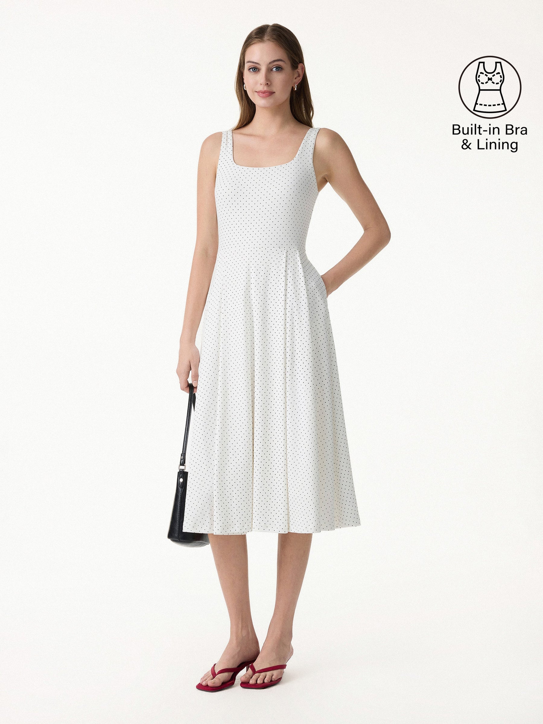 Stretch Cotton Polka Dot Square Neck Midi Bra Dress with Pockets Limited Edition
