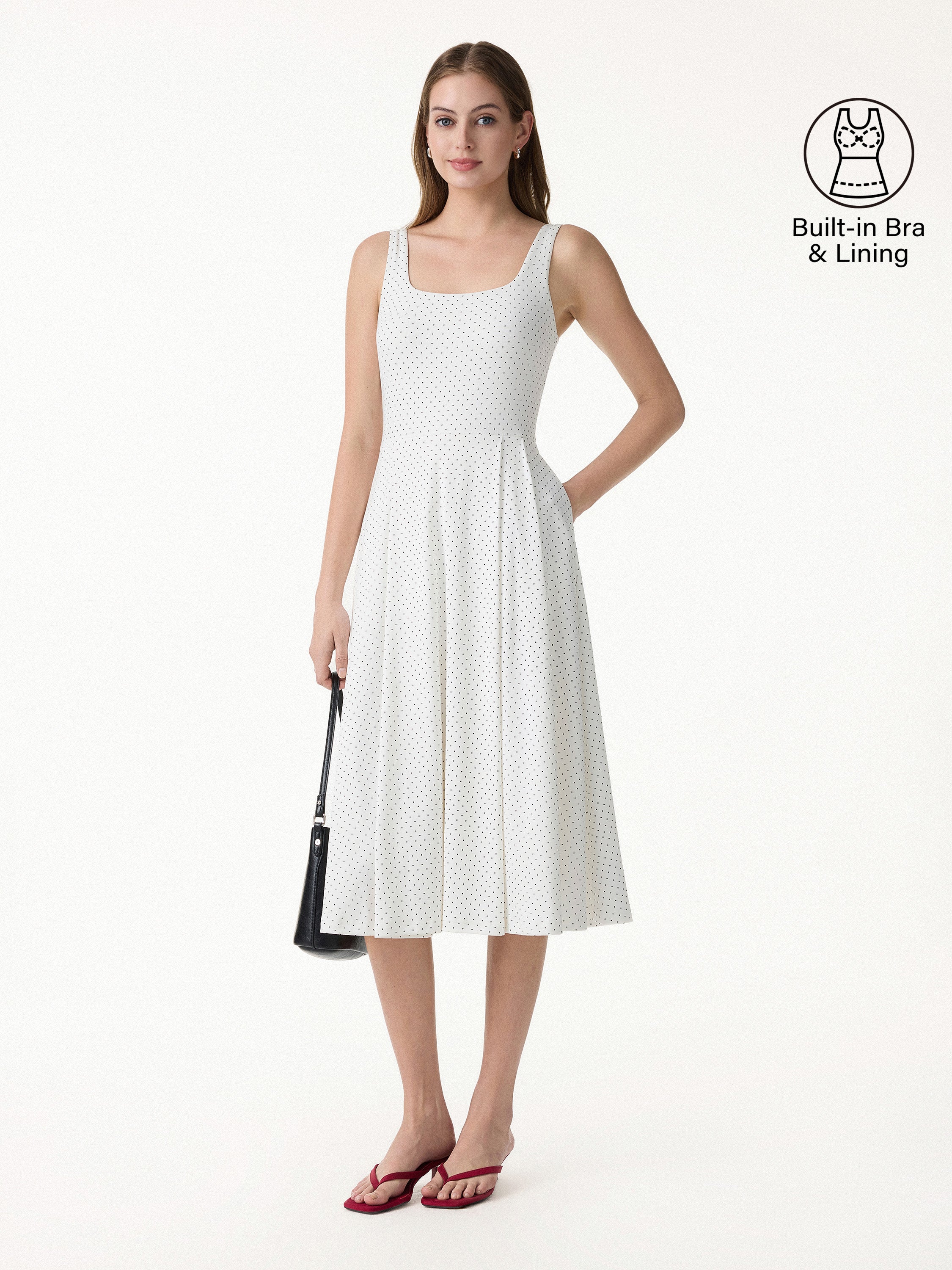 Stretch Cotton Polka Dot Square Neck Midi Bra Dress with Pockets Limited Edition