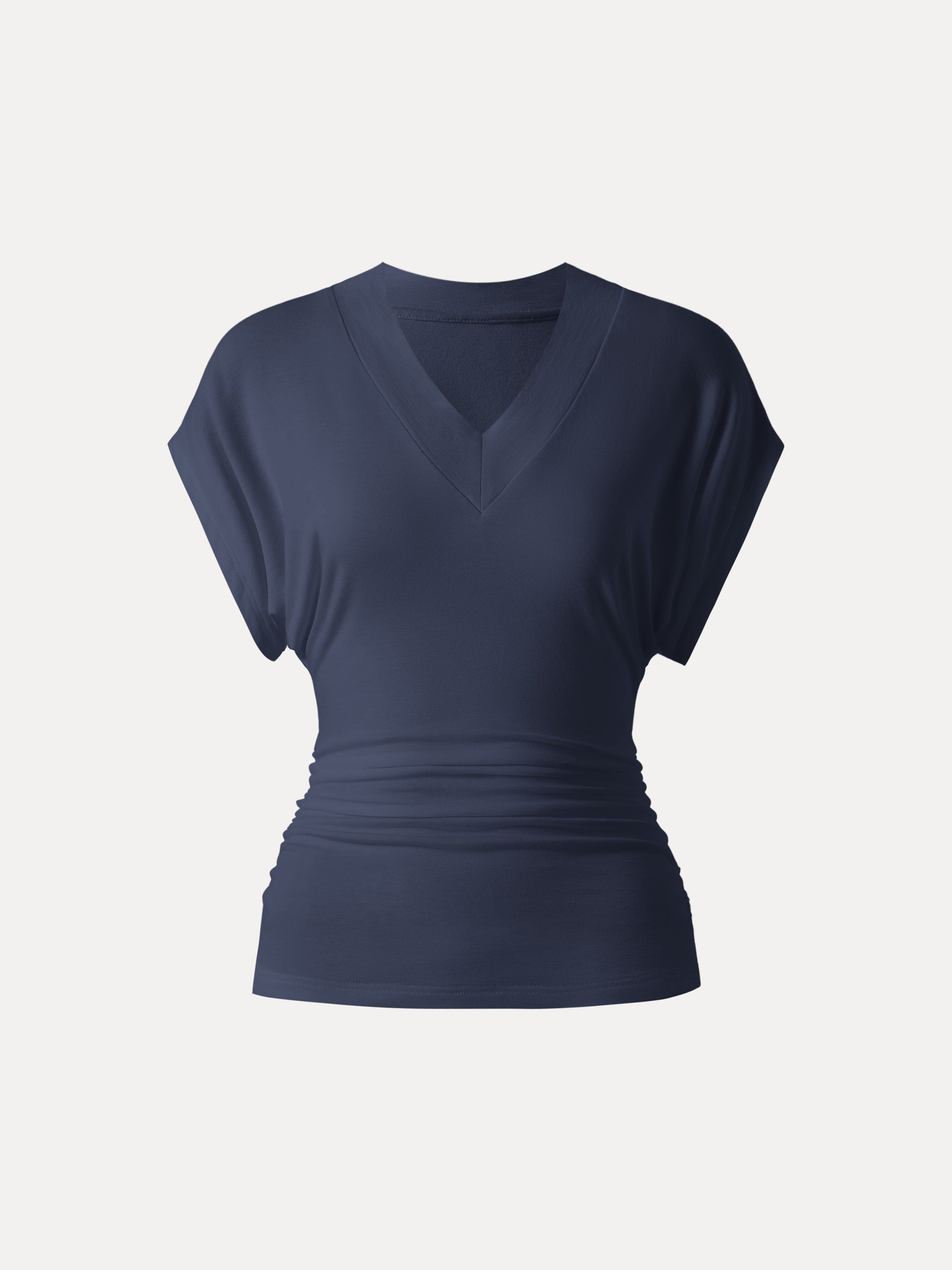 Semi-sheer Lyocell Cashmere Blend V-neck Short Sleeve Side Ruched Tee