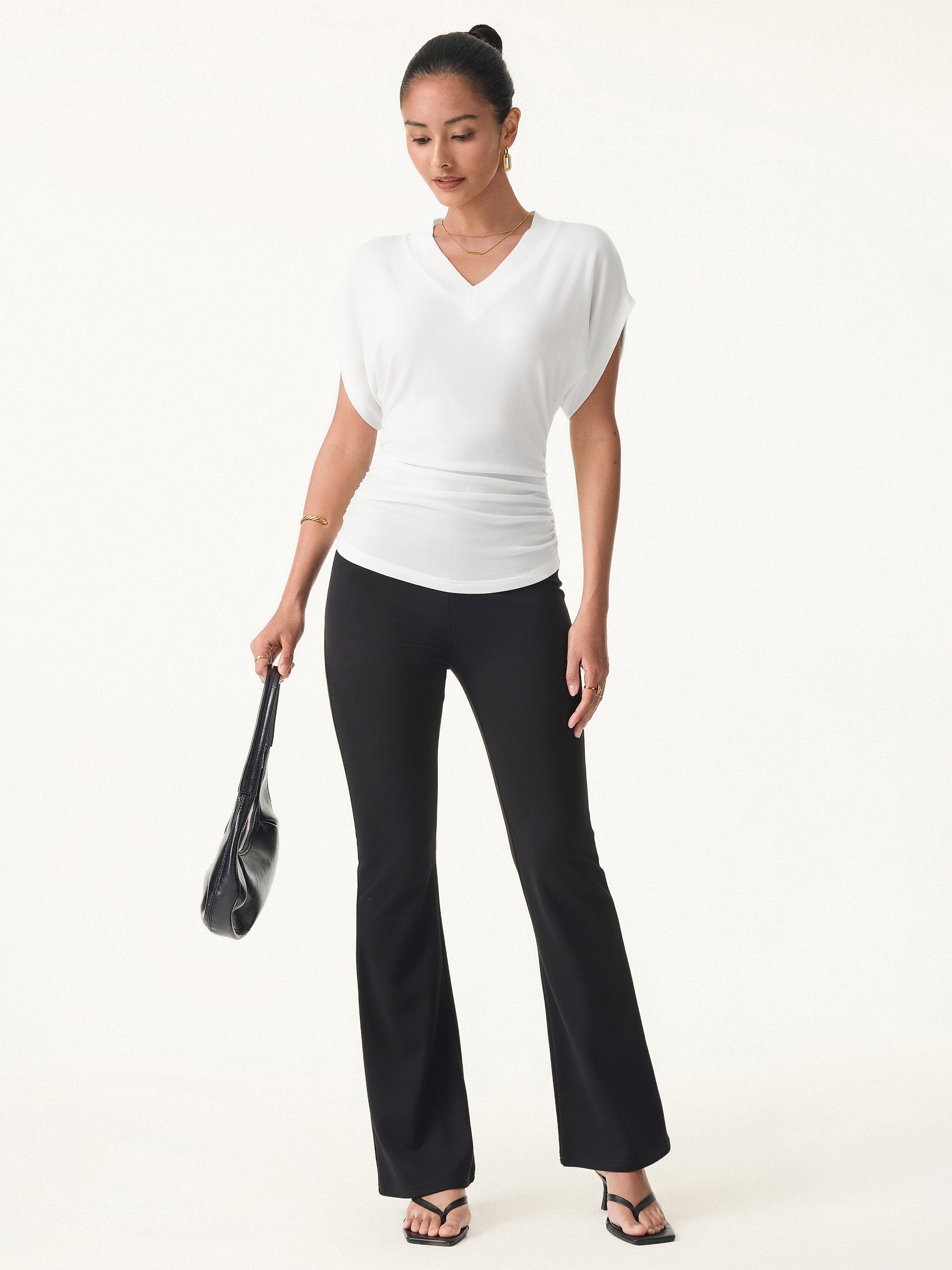 Semi-sheer Lyocell Cashmere Blend V-neck Short Sleeve Side Ruched Tee