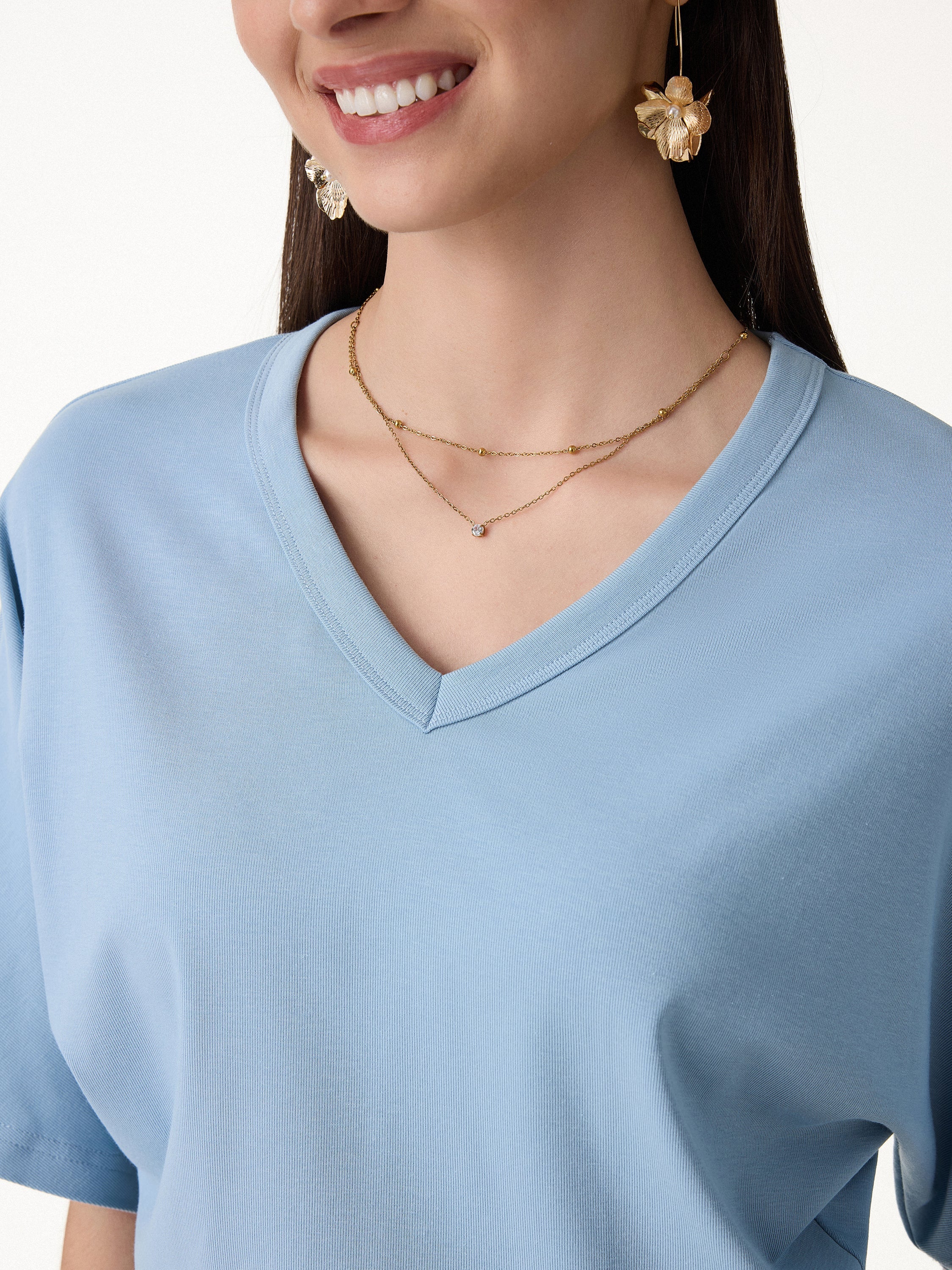 Viscose Cotton V-Neck Waist-Defining Summer Tee