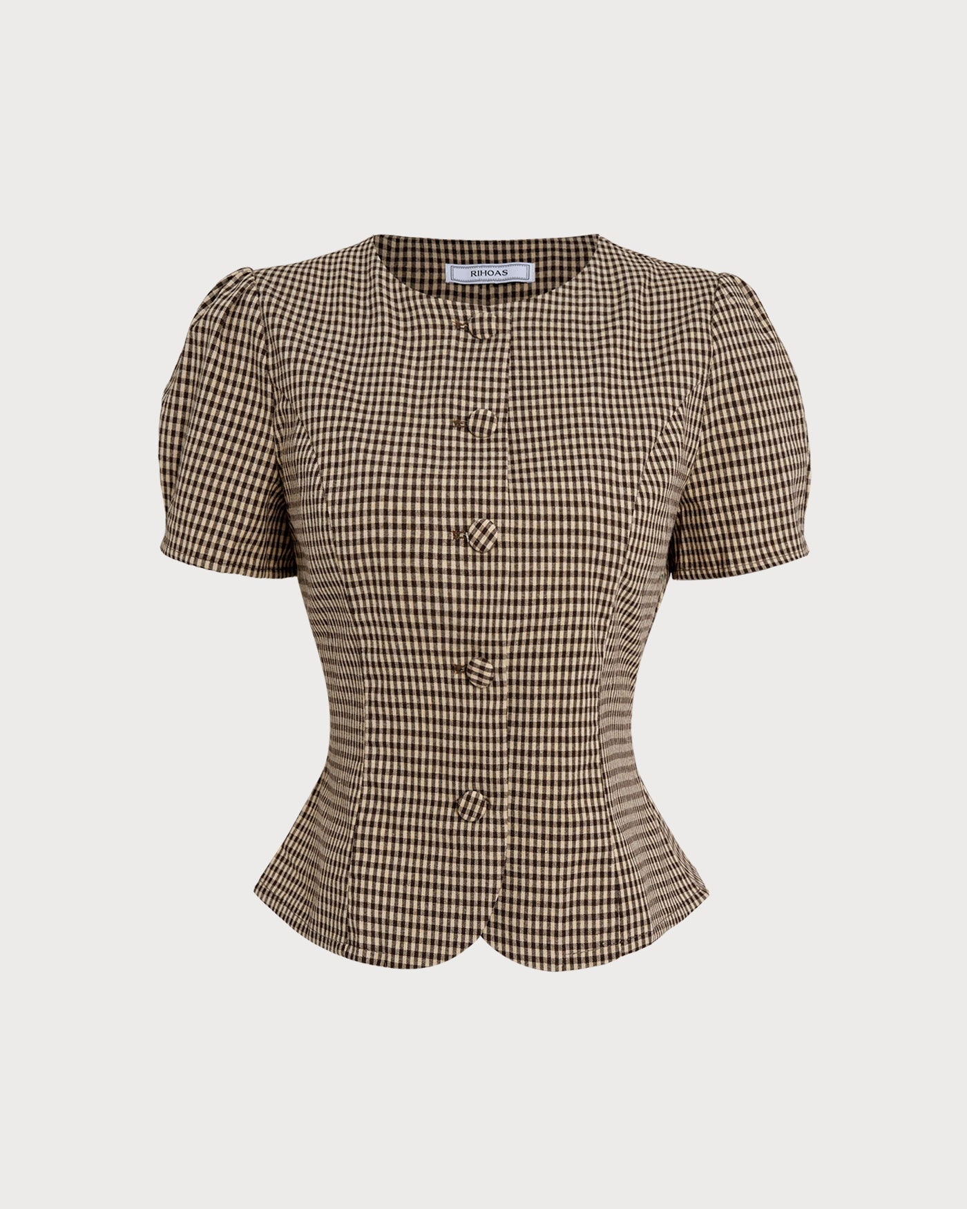 Brown Plaid Puffed Sleeve Blouse