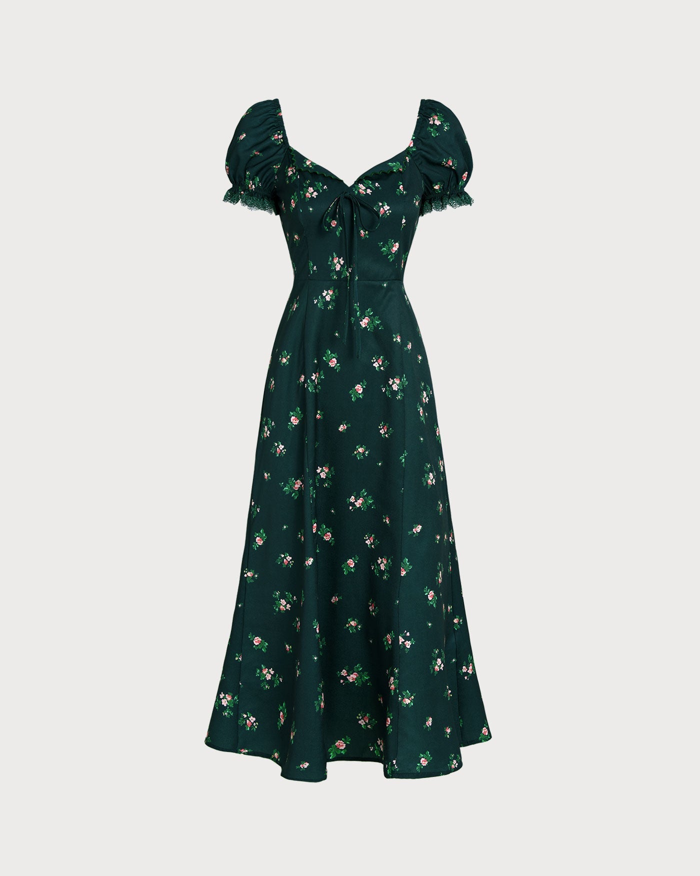 Green Puffed Sleeve Floral Midi Dress