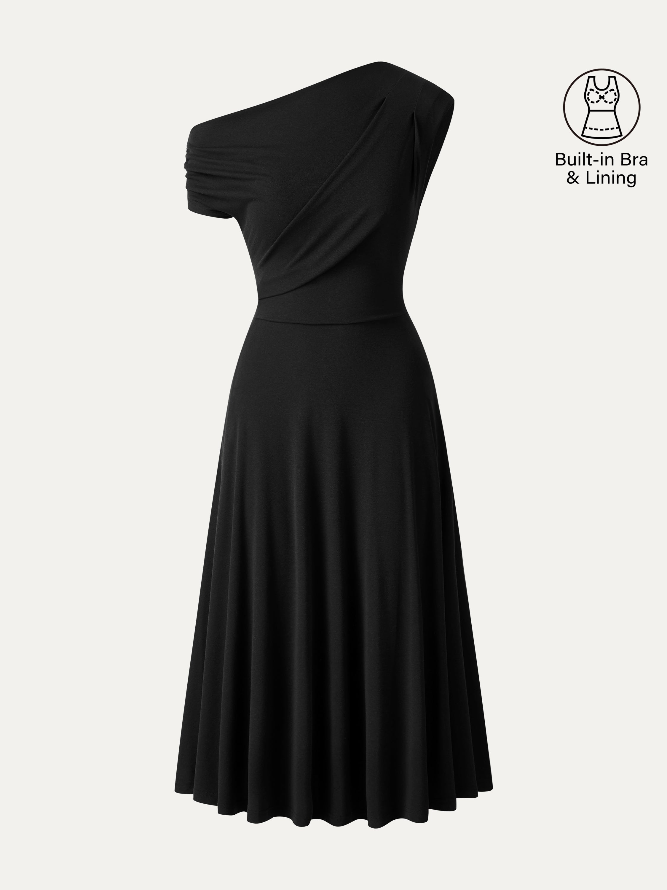 Asymmetrical Shoulder Tucked Midi Bra Dress with Pockets
