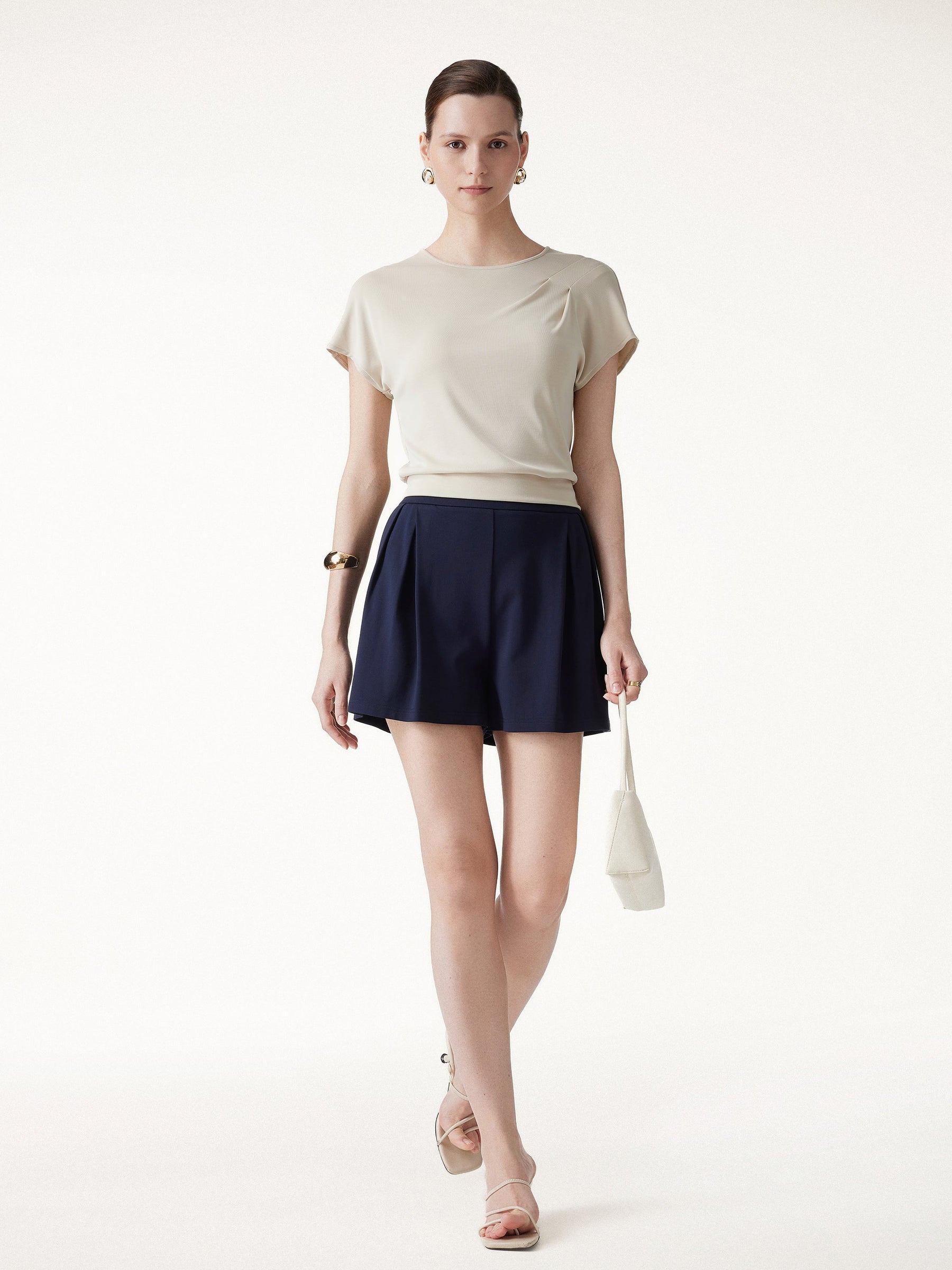 Stretch Ponte Pleated Wide Leg Shorts