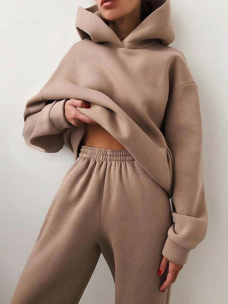 Women's Corduroy Hooded Sweater Set - Casual Two-Piece Tracksuit