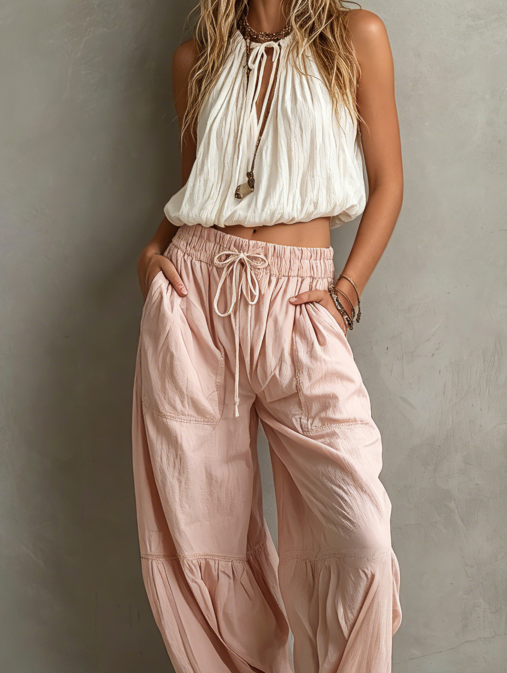 Women's Casual White Woven Sleeveless Round-neck Top Paired With Pink Woven Trousers MDZ1268F0LXY