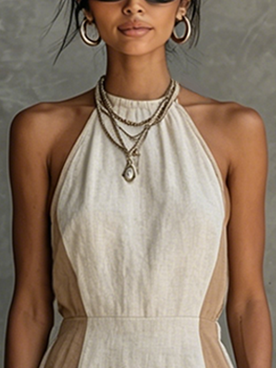 Women's Casual Off-White And Khaki Color-Blocked Cotton And Linen Halter Neck Fitted Waist Mini Dress MDZ1598F1GMJ