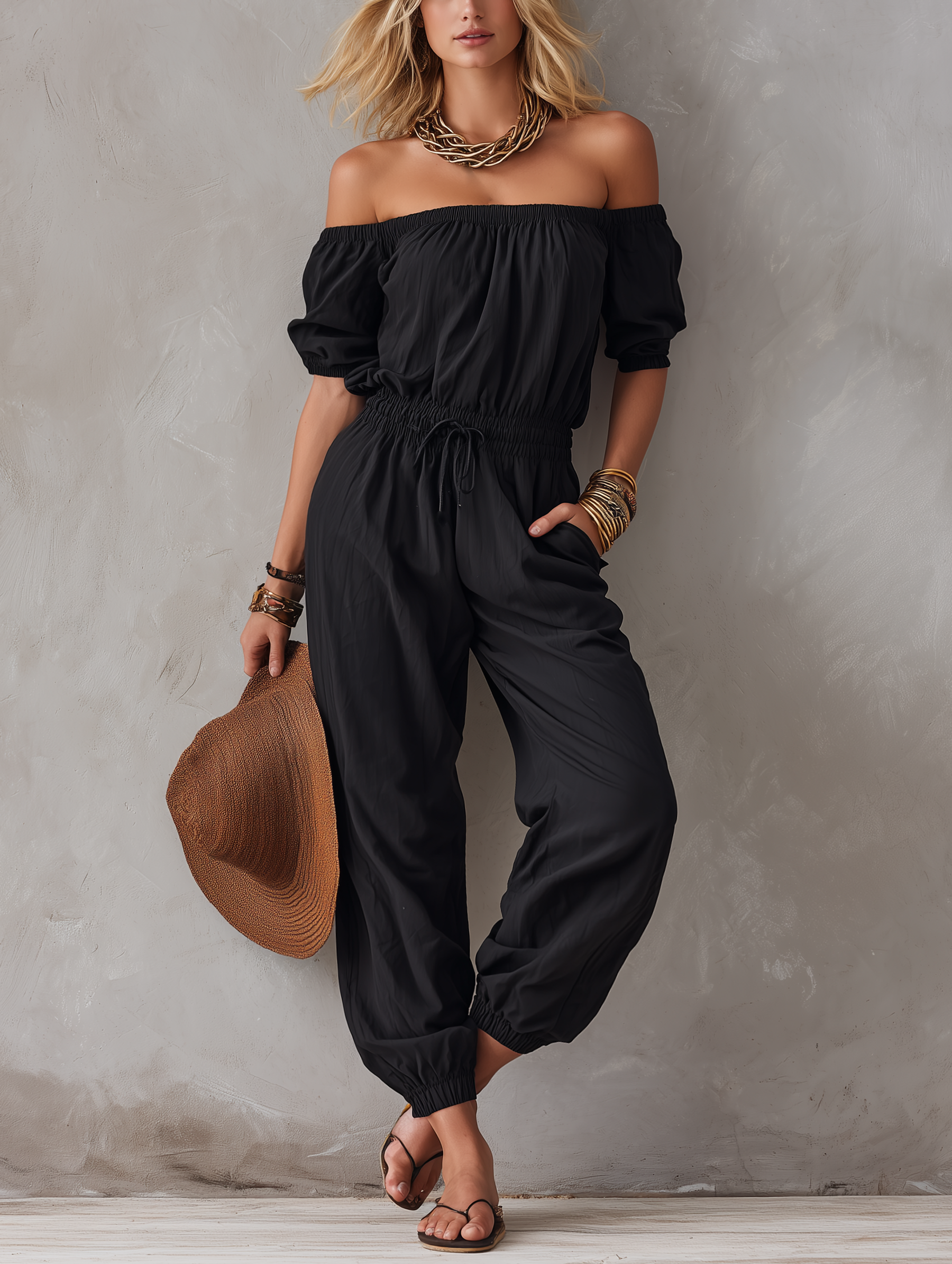 Women's Casual Black Woven Off-Shoulder Sleeveless Jumpsuit MDZ1751F1LXY