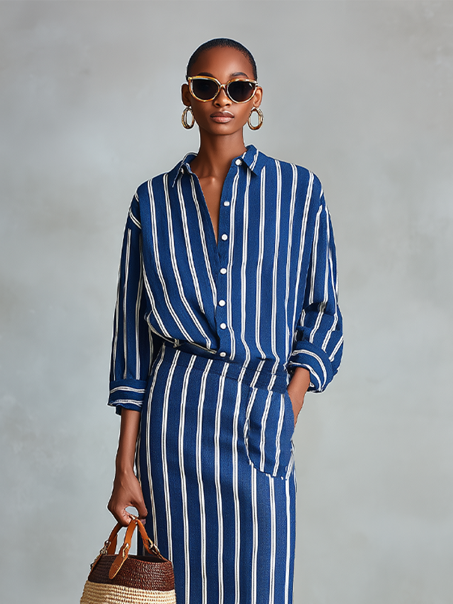Women's Royal Blue White Stripe Cotton-Blend Co-Ord With Button Front Blouse & Elastic Waist Straight Maxi Skirt, Effortless-Chic Summer Daily Outfit MDZ2304F8LYL