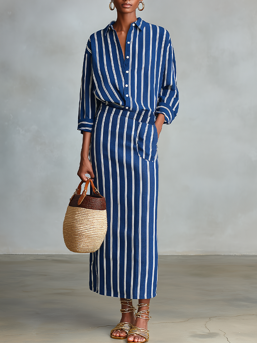 Women's Royal Blue White Stripe Cotton-Blend Co-Ord With Button Front Blouse & Elastic Waist Straight Maxi Skirt, Effortless-Chic Summer Daily Outfit MDZ2304F8LYL