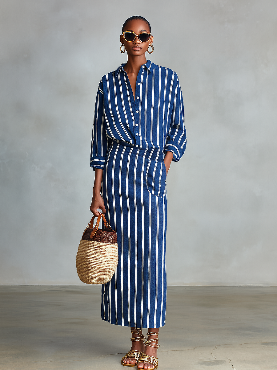 Women's Royal Blue White Stripe Cotton-Blend Co-Ord With Button Front Blouse & Elastic Waist Straight Maxi Skirt, Effortless-Chic Summer Daily Outfit MDZ2304F8LYL