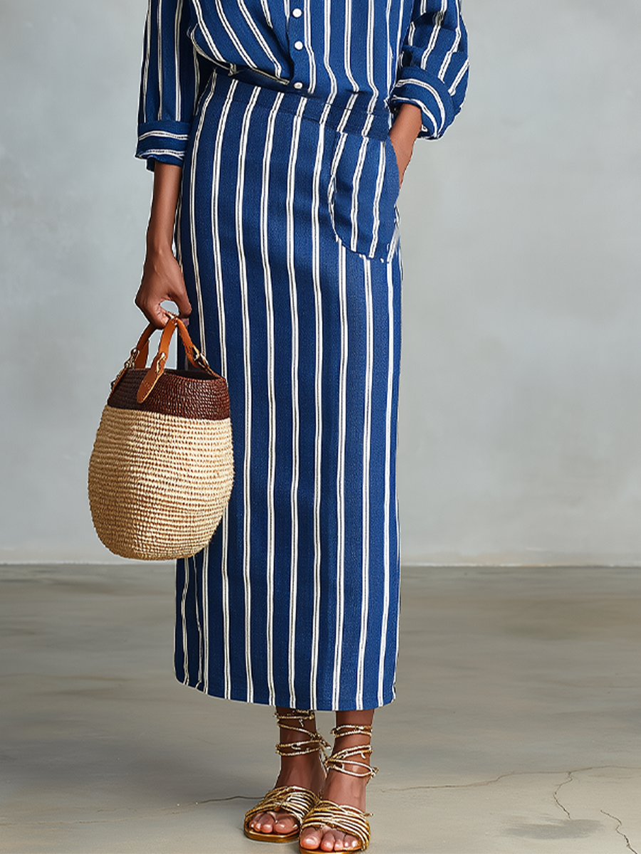 Women's Royal Blue White Stripe Cotton-Blend Co-Ord With Button Front Blouse & Elastic Waist Straight Maxi Skirt, Effortless-Chic Summer Daily Outfit MDZ2304F8LYL