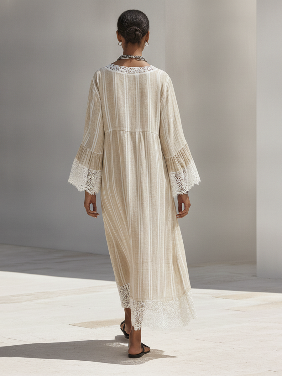 Women's Minimalist Beige Vertical-Stripe Maxi Dress With White Lace Trim And Flared Long Sleeves MDZ1745F9ZRK