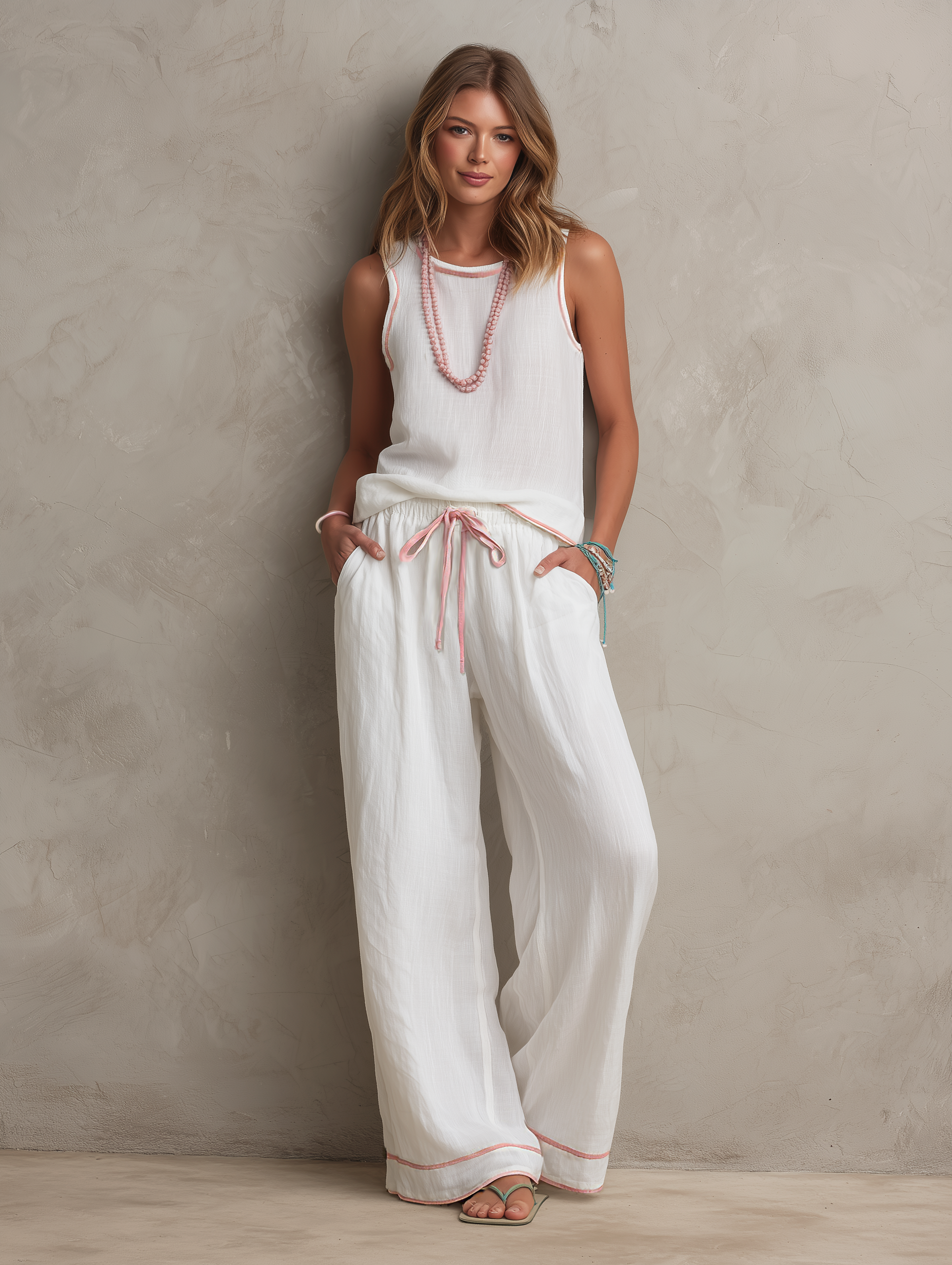 Women's Casual White And Pink Cotton-linen Sleeveless Round-neck Top Paired With Trousers MDZ2519F6LXY