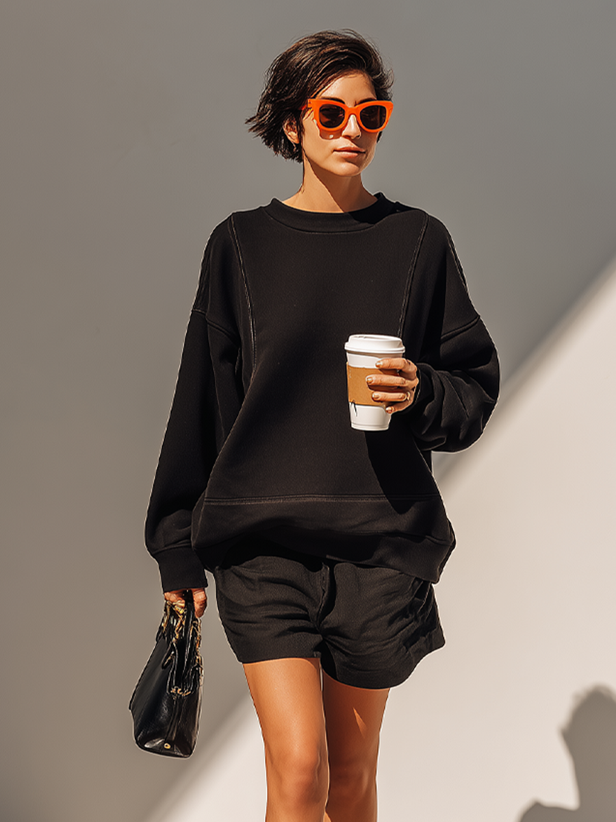 Women's Solid Black Cotton Fabric Co-Ord With Long Sleeve Loose Sweat Top & Relaxed Fit Casual Shorts, Modern Effortless-Chic Daily Athleisure Outfit MDZ2630F7LYL