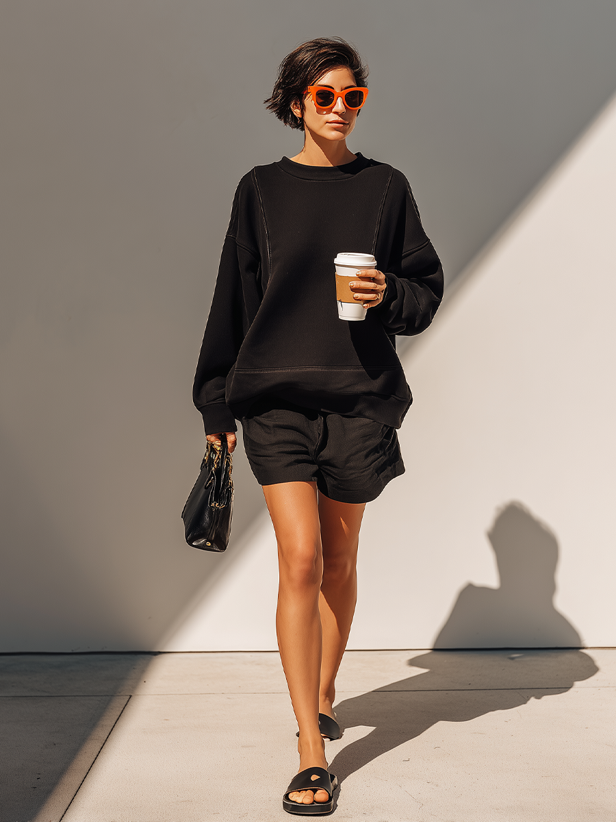 Women's Solid Black Cotton Fabric Co-Ord With Long Sleeve Loose Sweat Top & Relaxed Fit Casual Shorts, Modern Effortless-Chic Daily Athleisure Outfit MDZ2630F7LYL