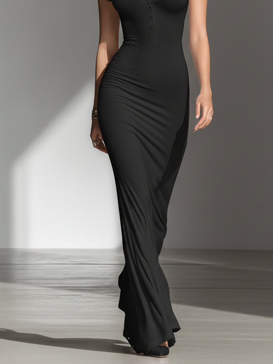 Women's Solid Black Soft Jersey Floor Dress With V Neck Henley Buttons & Figure-Hugging Silhouette, Modern Minimalist Casual Formal Maxi Dress MDZ2617F2LYL