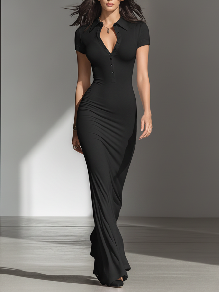 Women's Solid Black Soft Jersey Floor Dress With V Neck Henley Buttons & Figure-Hugging Silhouette, Modern Minimalist Casual Formal Maxi Dress MDZ2617F2LYL