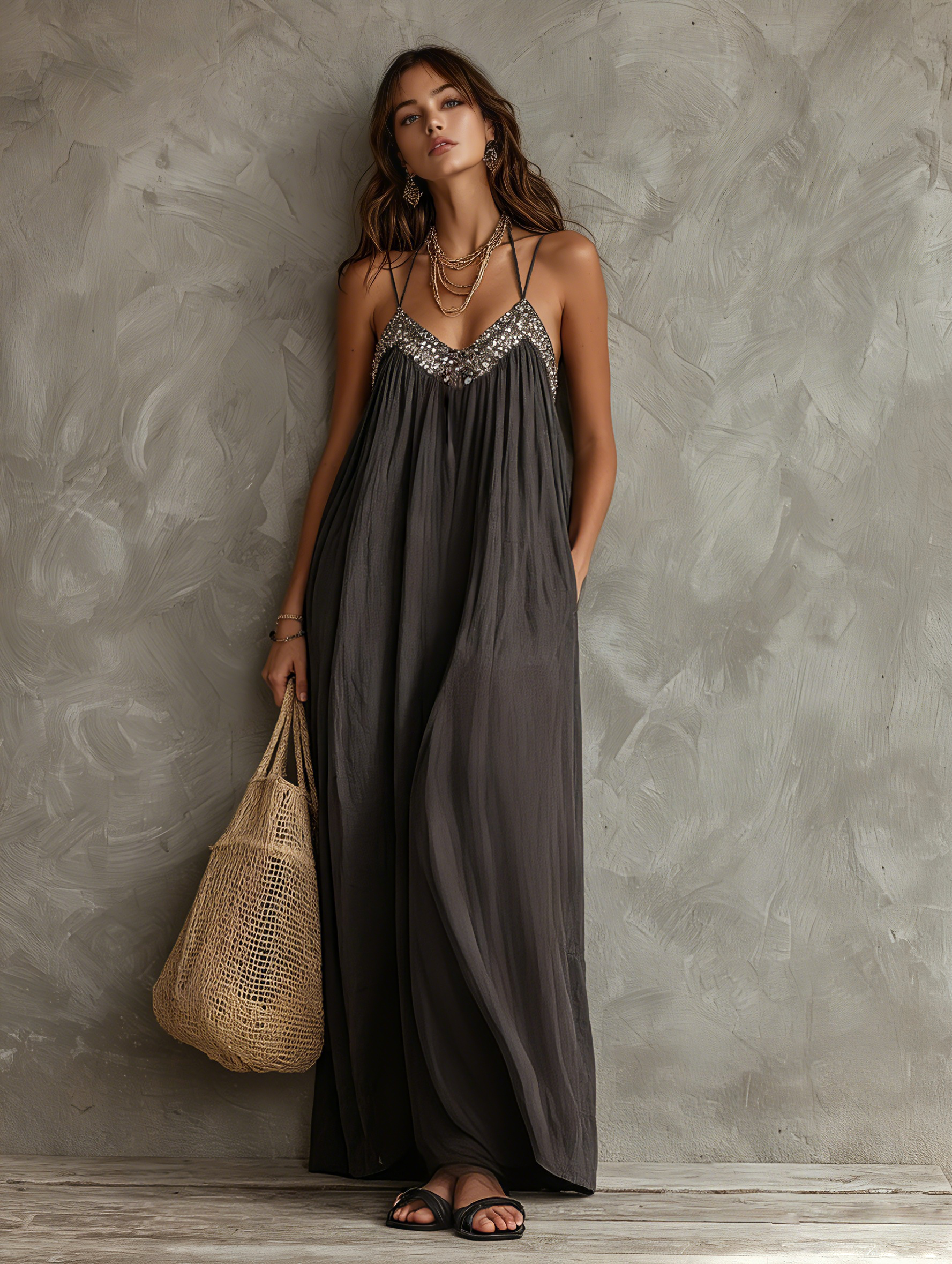 Women's Casual Dark Grey Woven V-neck Maxi Dress Featuring Sequined Camisole-style Splicing MDZ2635F6LXY