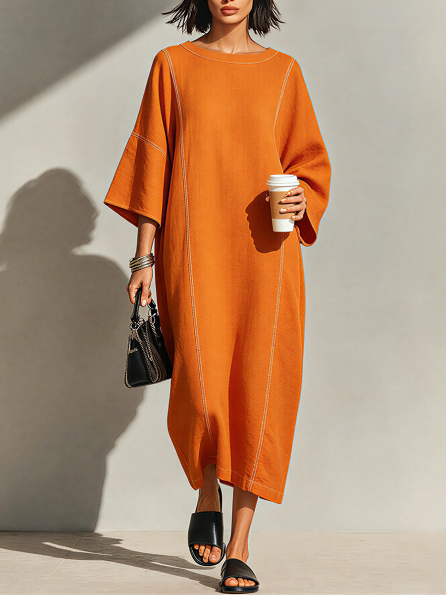 Women's Burnt Orange Linen Blend Maxi Dress With Contrast White Topstitch Seams & Dolman Three Quarter Sleeves, Minimalist Loose Loungewear Maxi Dress MDZ3035F1LYL