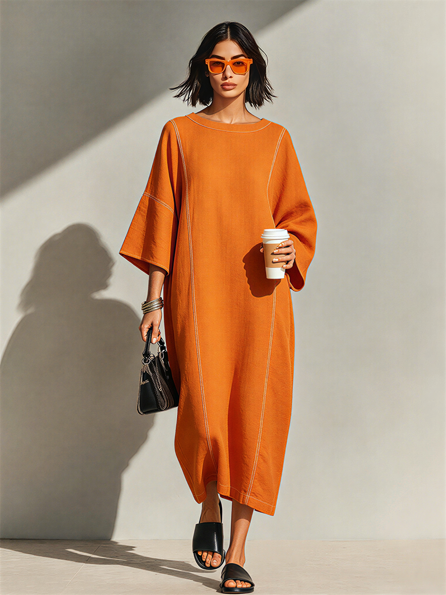 Women's Burnt Orange Linen Blend Maxi Dress With Contrast White Topstitch Seams & Dolman Three Quarter Sleeves, Minimalist Loose Loungewear Maxi Dress MDZ3035F1LYL