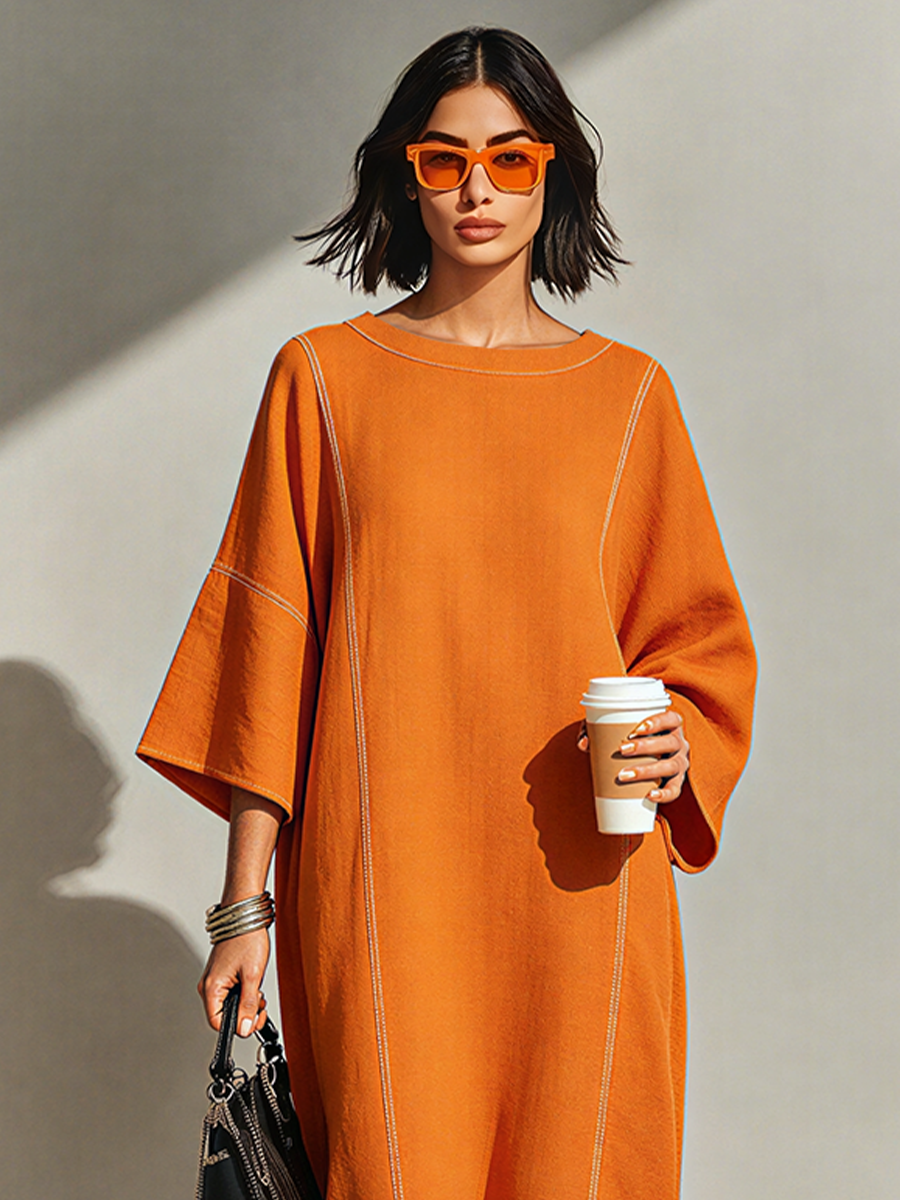 Women's Burnt Orange Linen Blend Maxi Dress With Contrast White Topstitch Seams & Dolman Three Quarter Sleeves, Minimalist Loose Loungewear Maxi Dress MDZ3035F1LYL