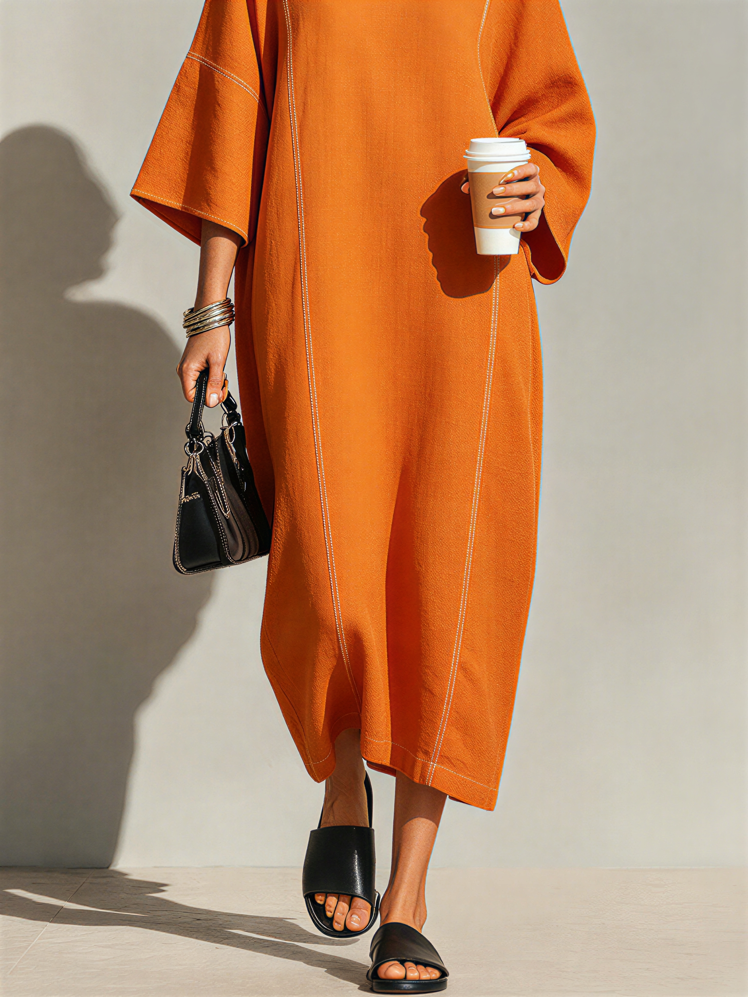 Women's Burnt Orange Linen Blend Maxi Dress With Contrast White Topstitch Seams & Dolman Three Quarter Sleeves, Minimalist Loose Loungewear Maxi Dress MDZ3035F1LYL