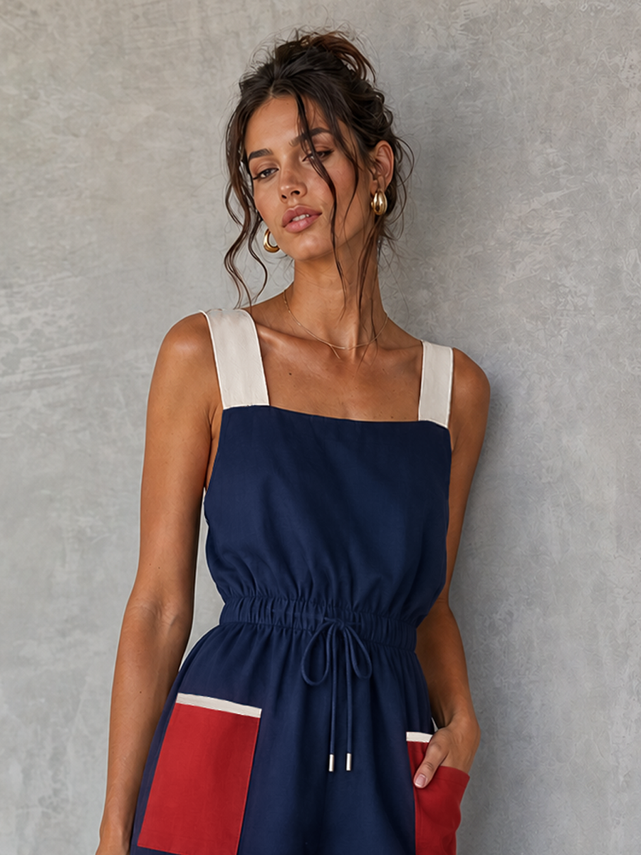Women's Minimalist Casual Color-Block Drawstring-Waist Romper MDZ3040F9WY
