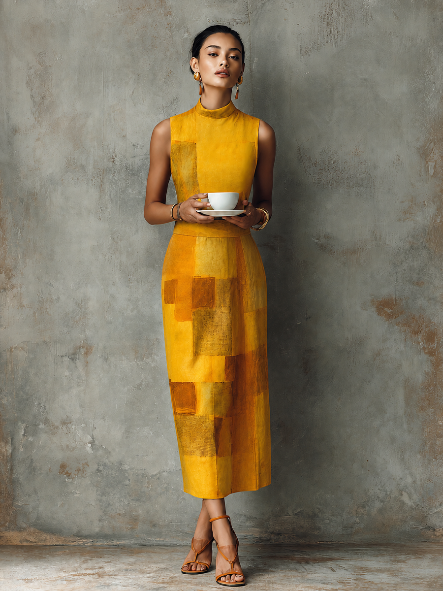 Women's French Aesthetic Style Turmeric Cotton Blend Mock Neck Sleeveless Block Print Midi Dress MDZ3029F9GMJ