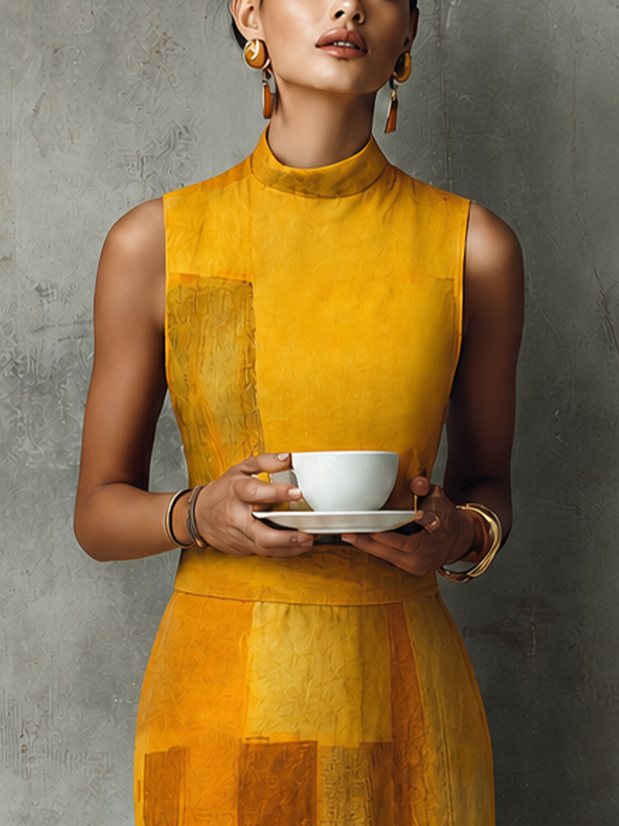 Women's French Aesthetic Style Turmeric Cotton Blend Mock Neck Sleeveless Block Print Midi Dress MDZ3029F9GMJ