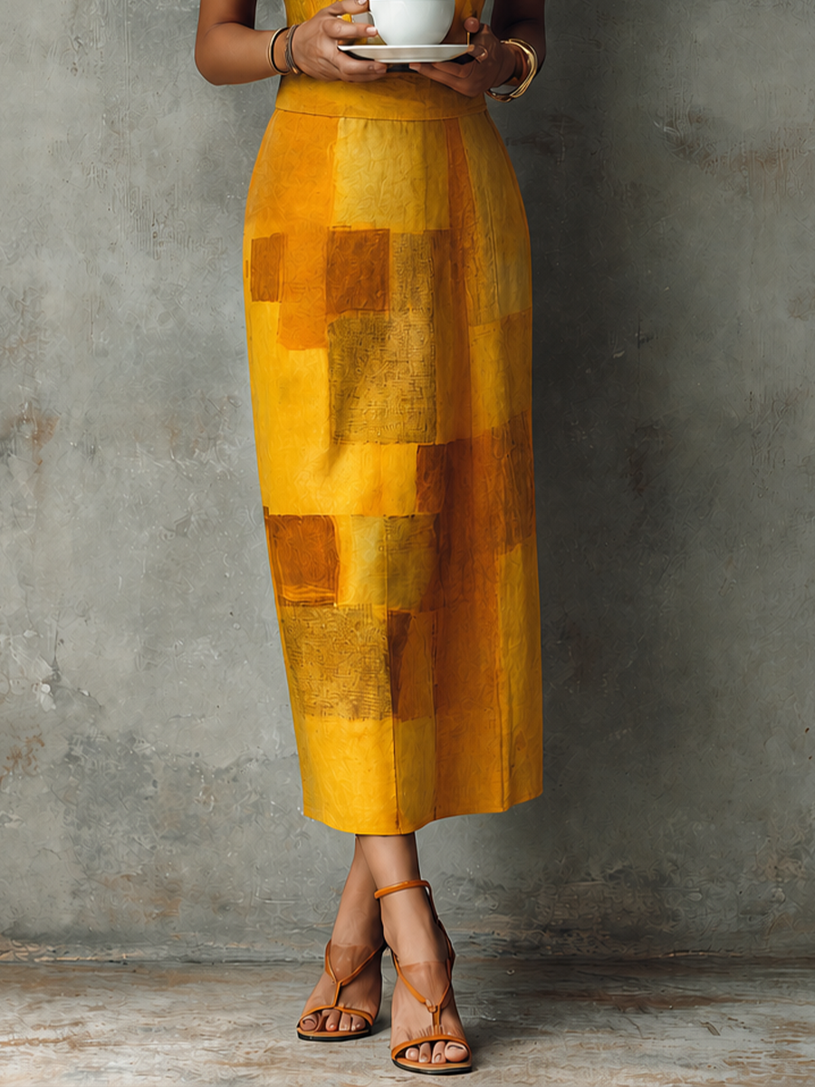 Women's French Aesthetic Style Turmeric Cotton Blend Mock Neck Sleeveless Block Print Midi Dress MDZ3029F9GMJ