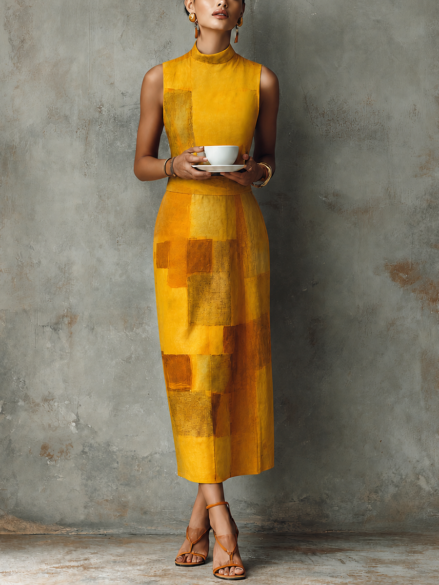 Women's French Aesthetic Style Turmeric Cotton Blend Mock Neck Sleeveless Block Print Midi Dress MDZ3029F9GMJ