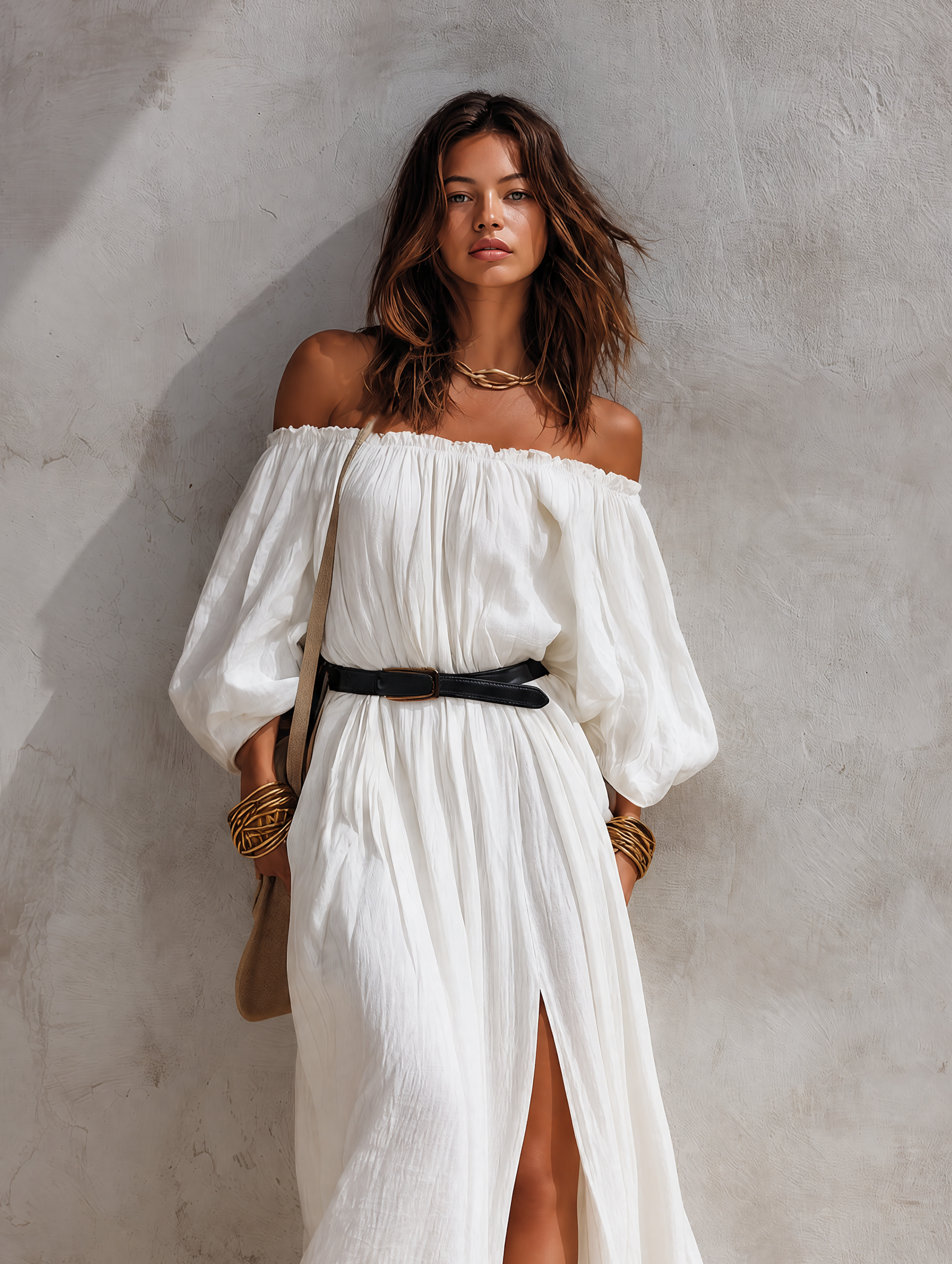 Women's Casual Beige Woven Off-Shoulder Long-Sleeve Maxi Dress (with Belt) MDZ0293G6LXY