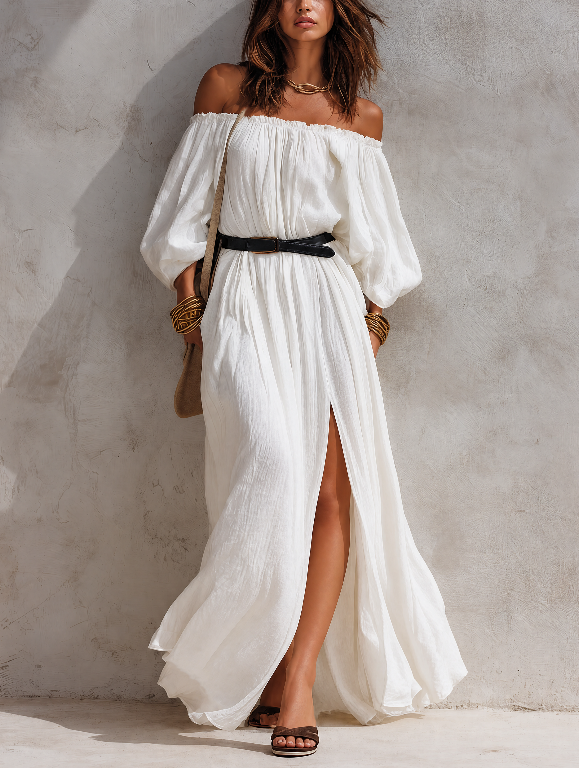 Women's Casual Beige Woven Off-Shoulder Long-Sleeve Maxi Dress (with Belt) MDZ0293G6LXY
