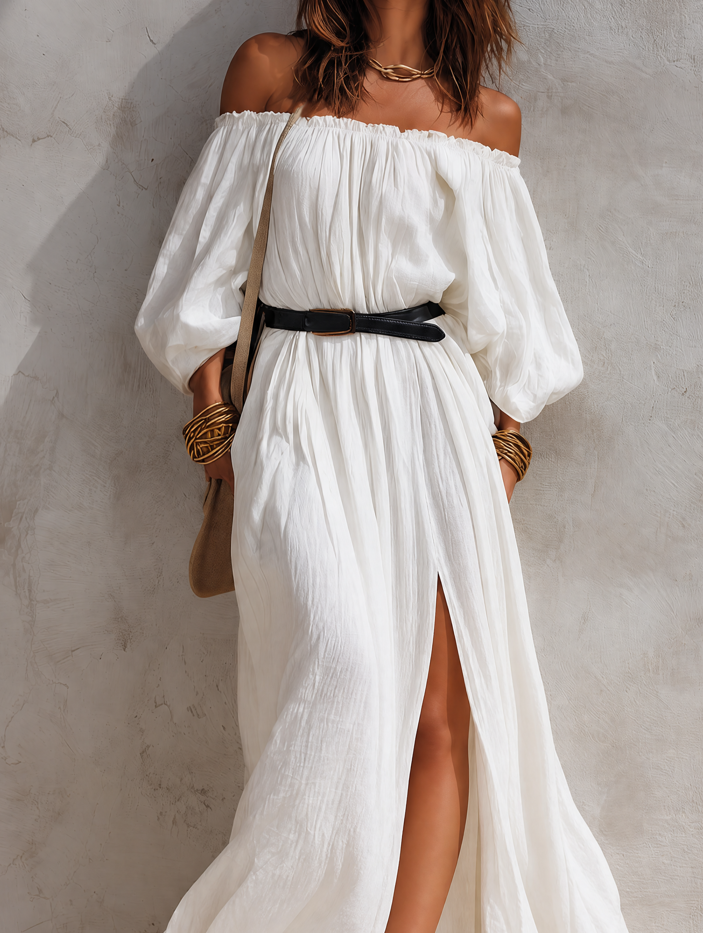 Women's Casual Beige Woven Off-Shoulder Long-Sleeve Maxi Dress (with Belt) MDZ0293G6LXY