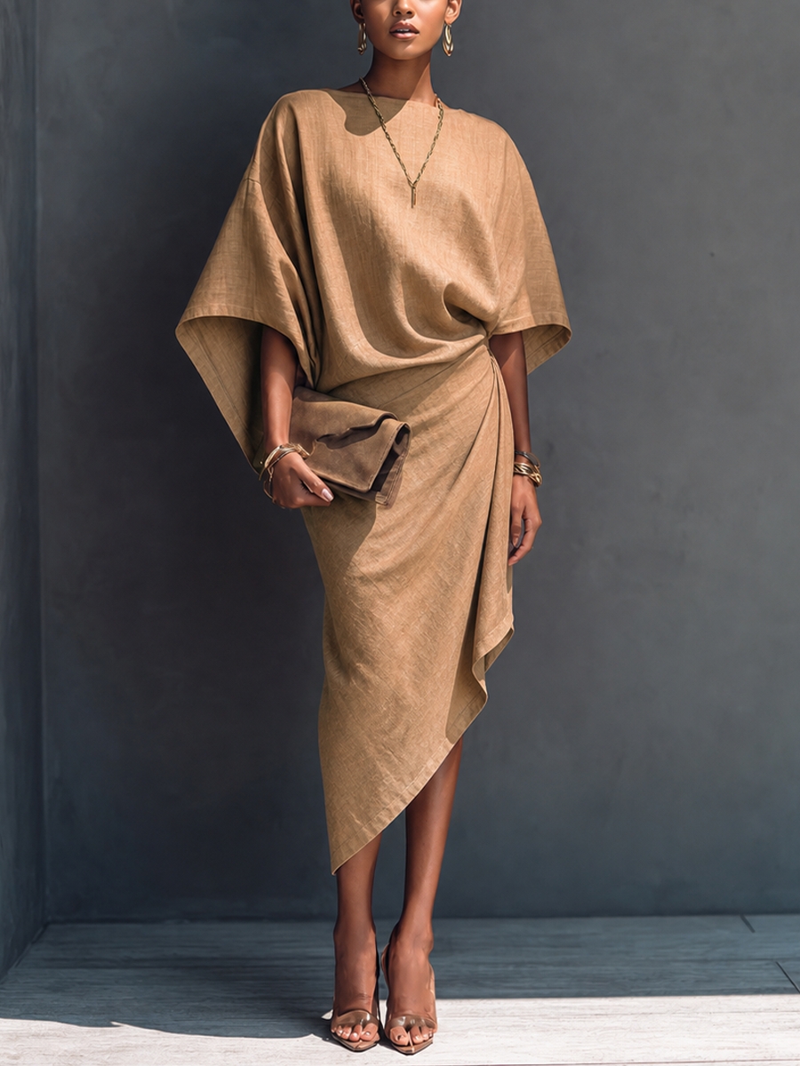 Women's Modern Minimalist Khaki Linen Blend Draped Asymmetric Short Sleeve Midi Dress MDZ0344G8GMJ