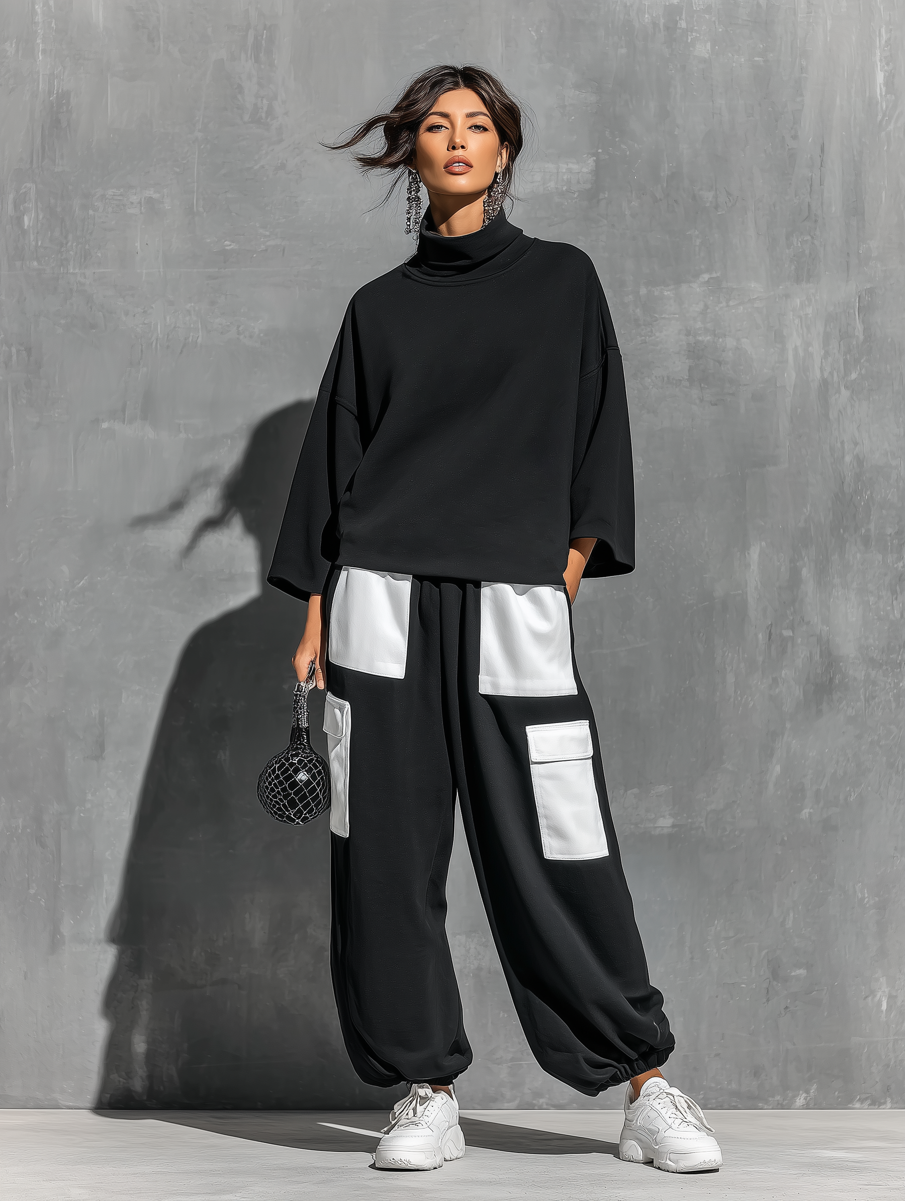 Women’s Black Cotton Knit Oversized High Neck 3/4 Sleeve Sweatshirt & Elastic Cuff Color Block White Patch Pocket Jogger Cargo Pants Two Piece Tracksuit Set MDZ0696G6YZJ