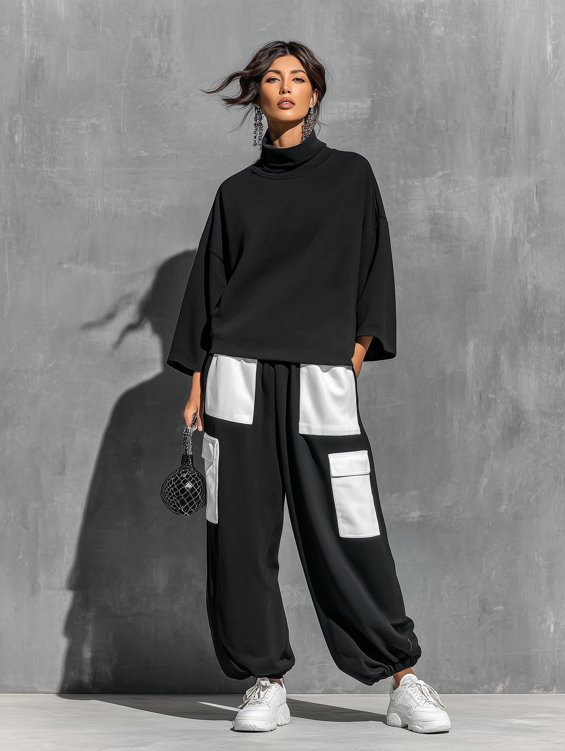 Women’s Black Cotton Knit Oversized High Neck 3/4 Sleeve Sweatshirt & Elastic Cuff Color Block White Patch Pocket Jogger Cargo Pants Two Piece Tracksuit Set MDZ0696G6YZJ